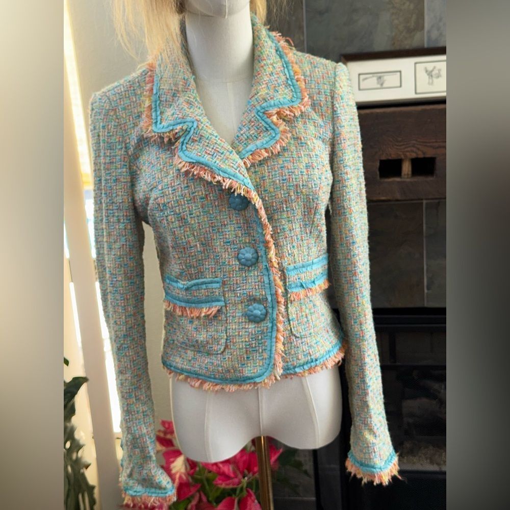 Cynthia Steffe Tweed Fringe Cropped Blazer Teal Orange Multi-Color Jacket NWT S - Picture 3 of 15